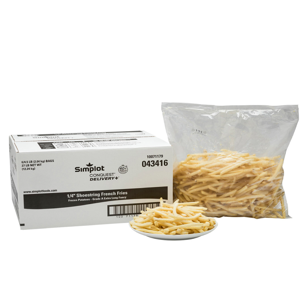 SIMPLOT CONQUEST DELIVERY 1/4 PAPAS FRITAS TIPO SHOESTRING CON COBERTURA TRANSPARENTE (6/4.5LB)